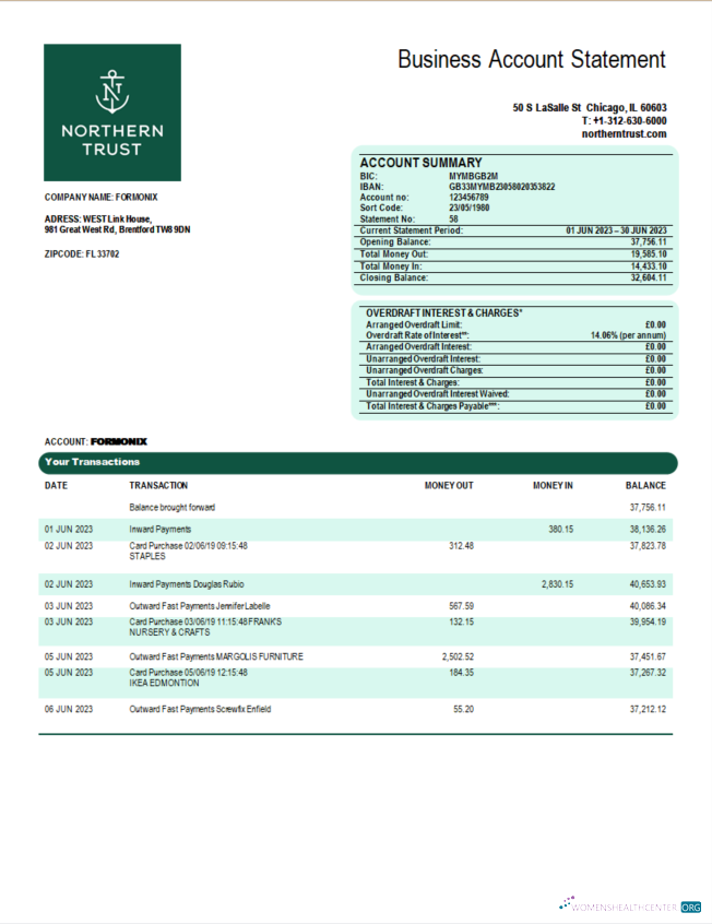 Download Northern Trust Bank firm statement Word and PDF template Photoshop template